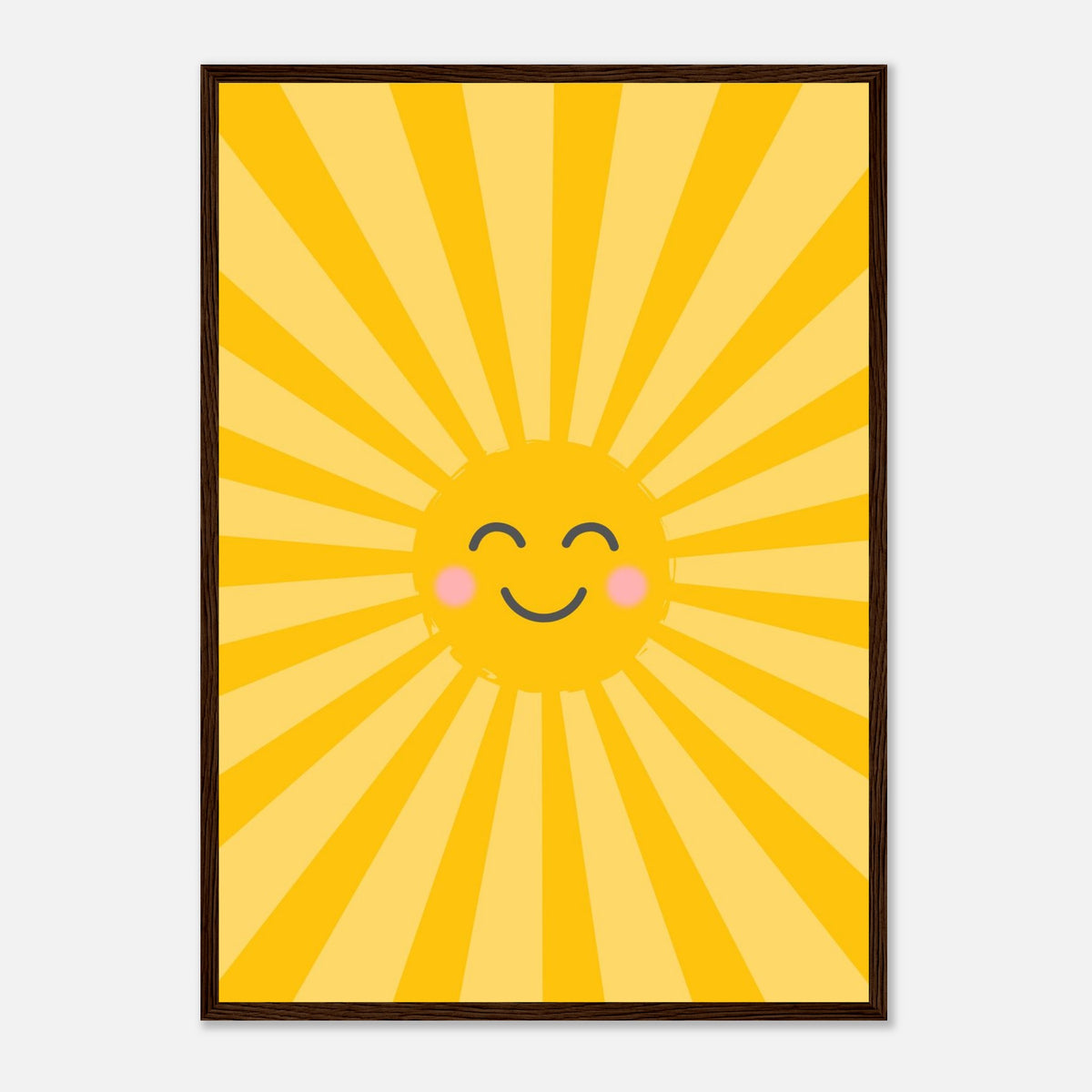 Kinderposter lachende Sonne mit Strahlenkranz in warmen Gelbtönen, dunkler Holzrahmen, A2 (42 x 59.4 cm)