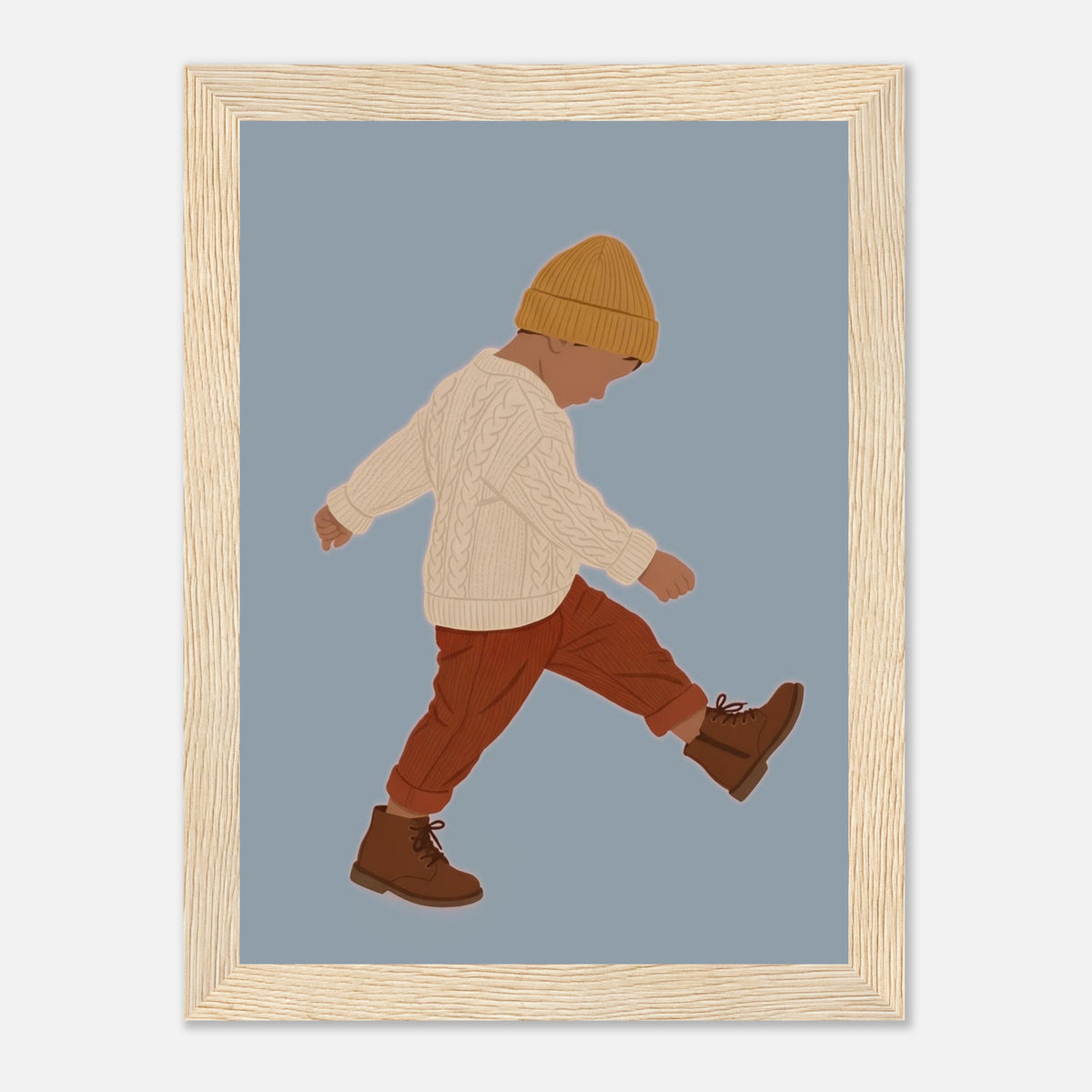 Boho-Kunstdruck „Der kleine Erkunder“: Kleinkind in Erdtönen, Holzrahmen, 13x18 cm
