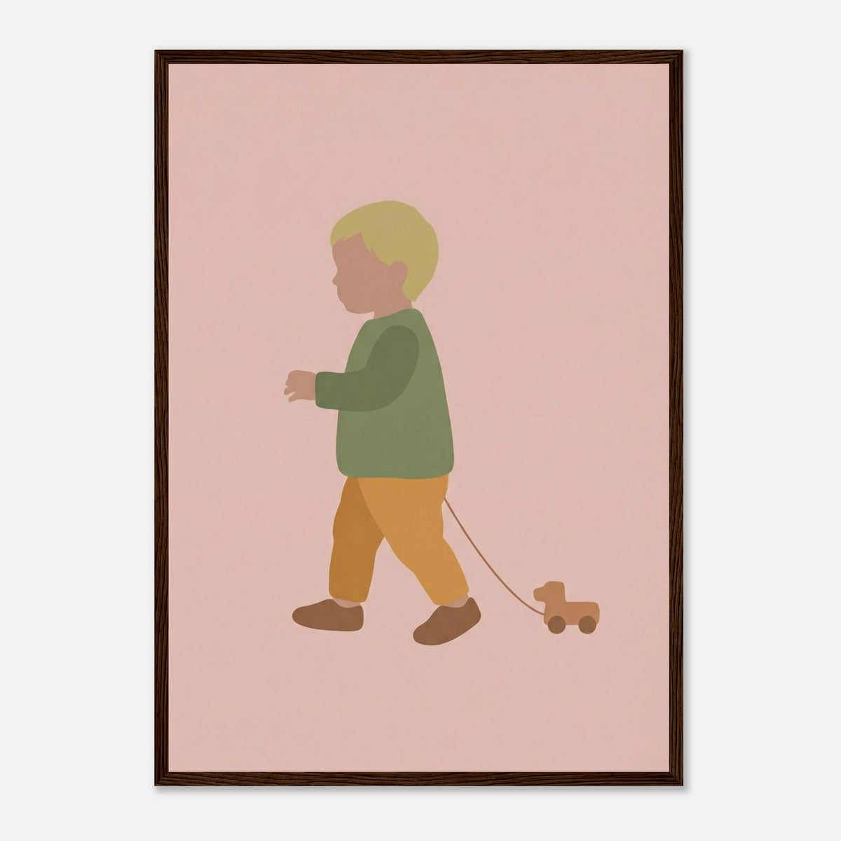 Kunstdruck „Der kleine Weggefährte“: kleiner Junge in Erd- und Olivgrüntönen, dunkler Holzrahmen, A2 (42 x 59.4 cm)