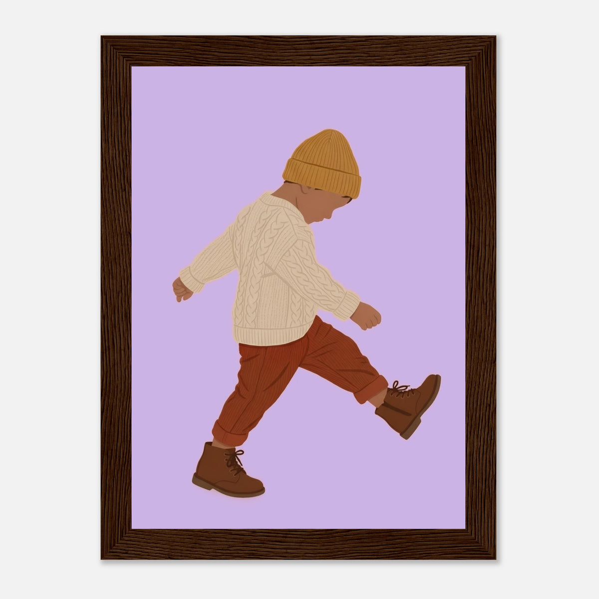 Boho-Kunstdruck „Der kleine Erkunder“: Kleinkind in Erdtönen, dunkler Holzrahmen, 13x18 cm