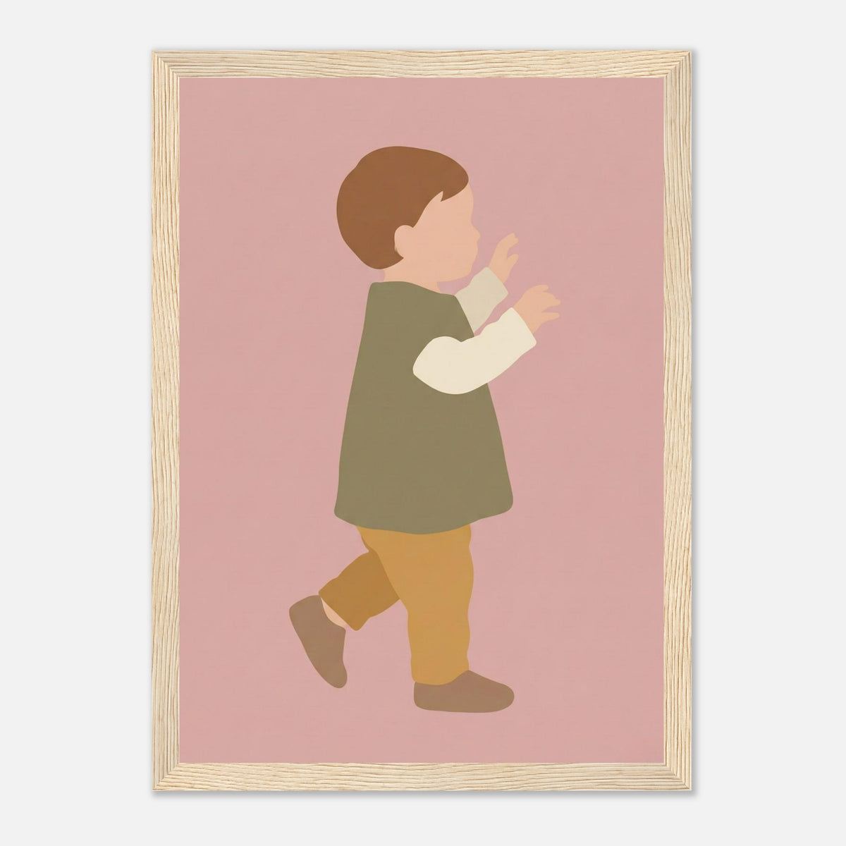 Kinderposter „Erste Schritte“: Kleinkind in Scandi-Erdtönen, Holzrahmen, 21x29.7 cm