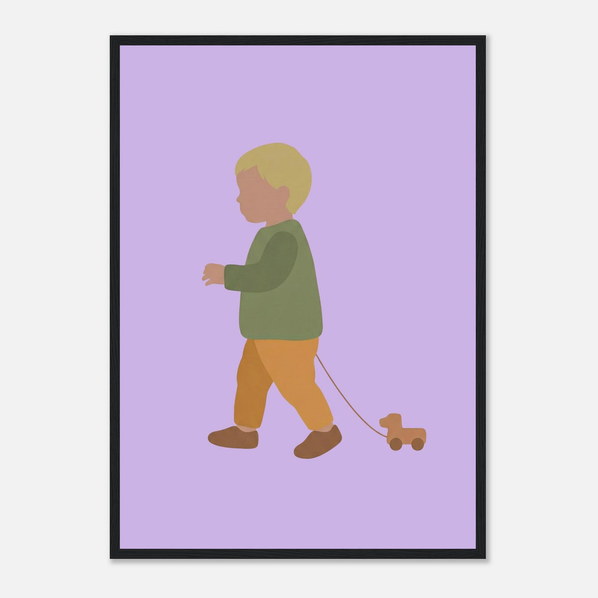 Kunstdruck „Der kleine Weggefährte“: kleiner Junge in Erd- und Olivgrüntönen, schwarzer Rahmen, A2 (42 x 59.4 cm)