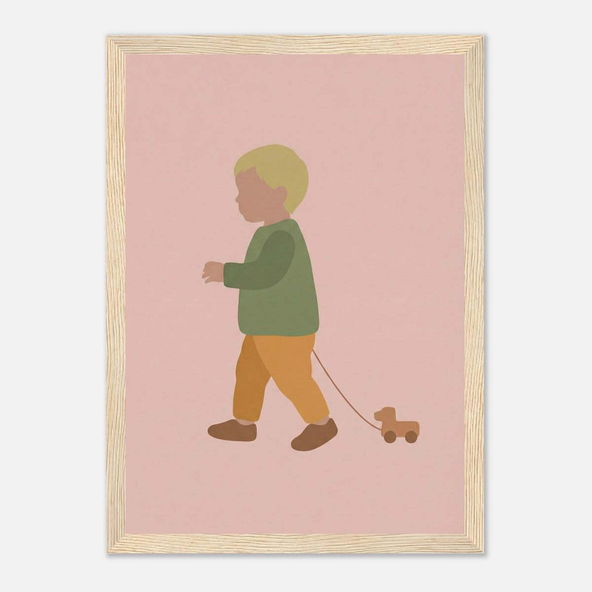 Kunstdruck „Der kleine Weggefährte“: kleiner Junge in Erd- und Olivgrüntönen, Holzrahmen, 21x29.7 cm