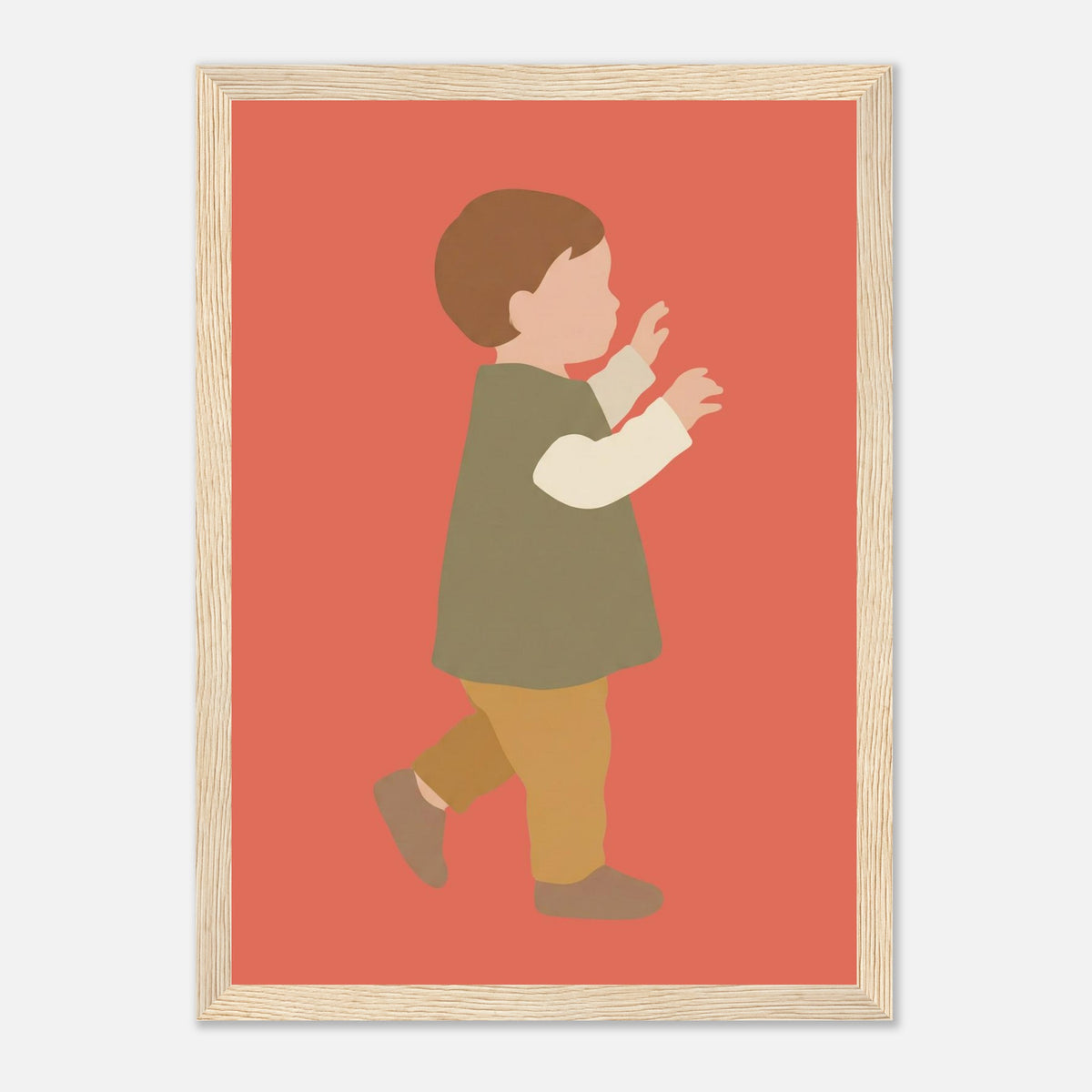 Kinderposter „Erste Schritte“: Kleinkind in Scandi-Erdtönen, Holzrahmen, 21x29.7 cm