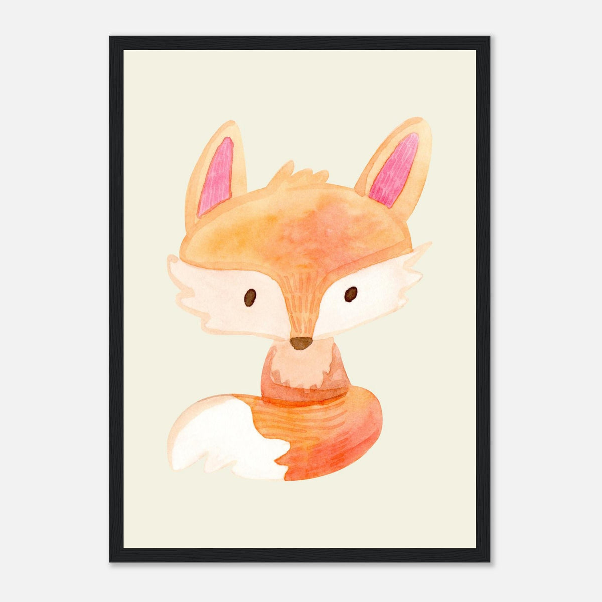 Aquarell-Fuchs in Orange und Pfirsich fürs Kinderzimmer, schwarzer Rahmen, A3 (29.7 x 42 cm)