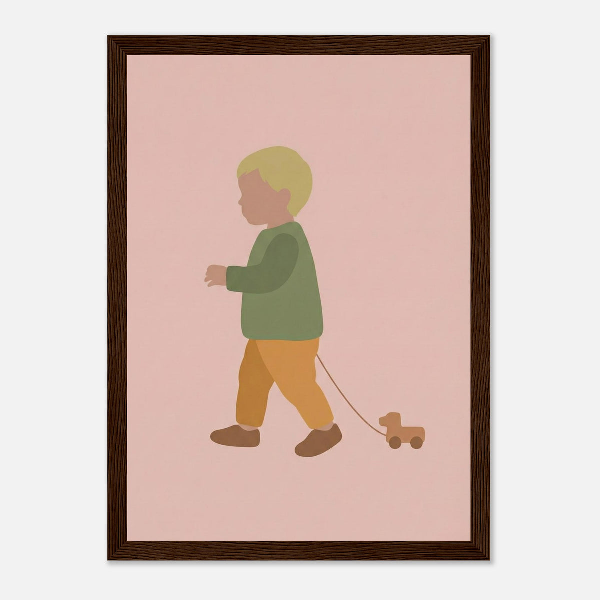 Kunstdruck „Der kleine Weggefährte“: kleiner Junge in Erd- und Olivgrüntönen, dunkler Holzrahmen, 21x29.7 cm