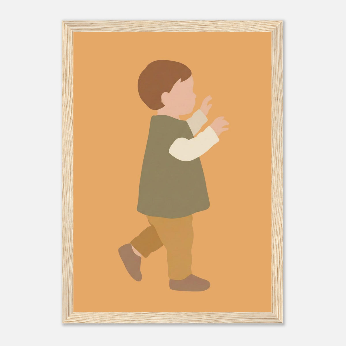 Kinderposter „Erste Schritte“: Kleinkind in Scandi-Erdtönen, Holzrahmen, 21x29.7 cm