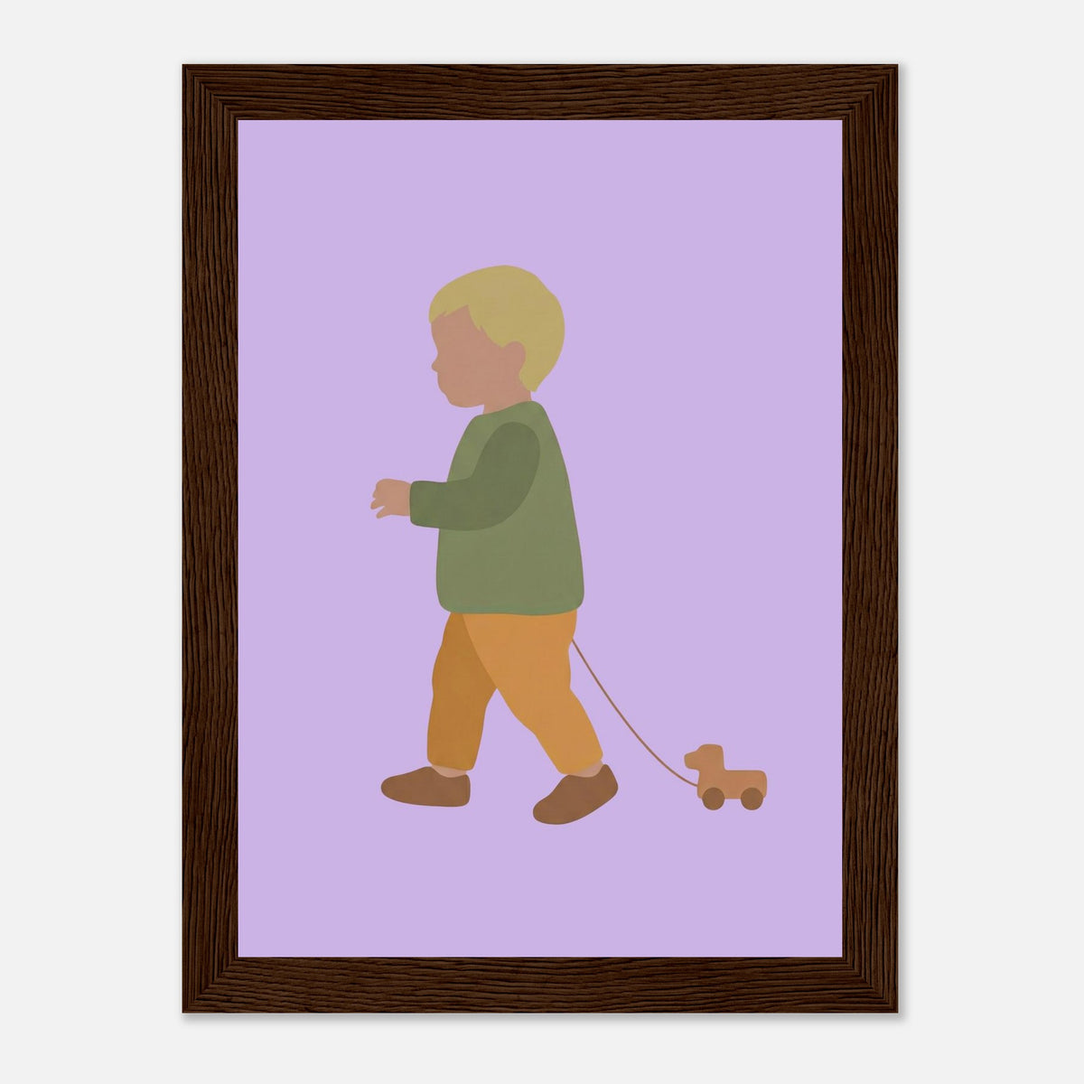 Kunstdruck „Der kleine Weggefährte“: kleiner Junge in Erd- und Olivgrüntönen, dunkler Holzrahmen, 13x18 cm
