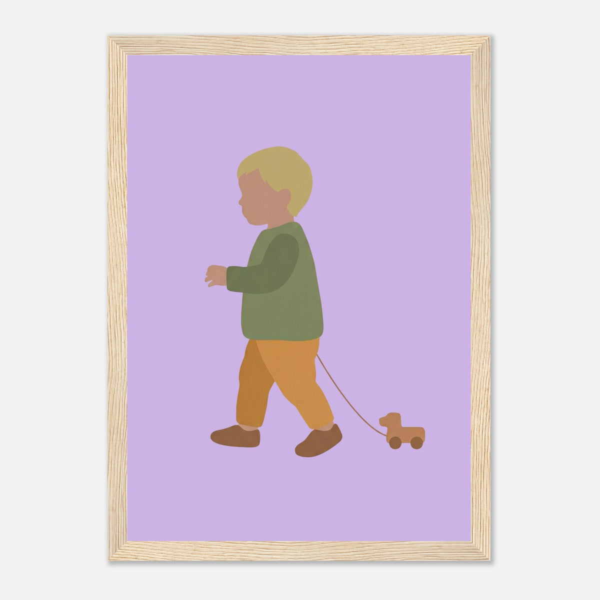 Kunstdruck „Der kleine Weggefährte“: kleiner Junge in Erd- und Olivgrüntönen, Holzrahmen, 21x29.7 cm