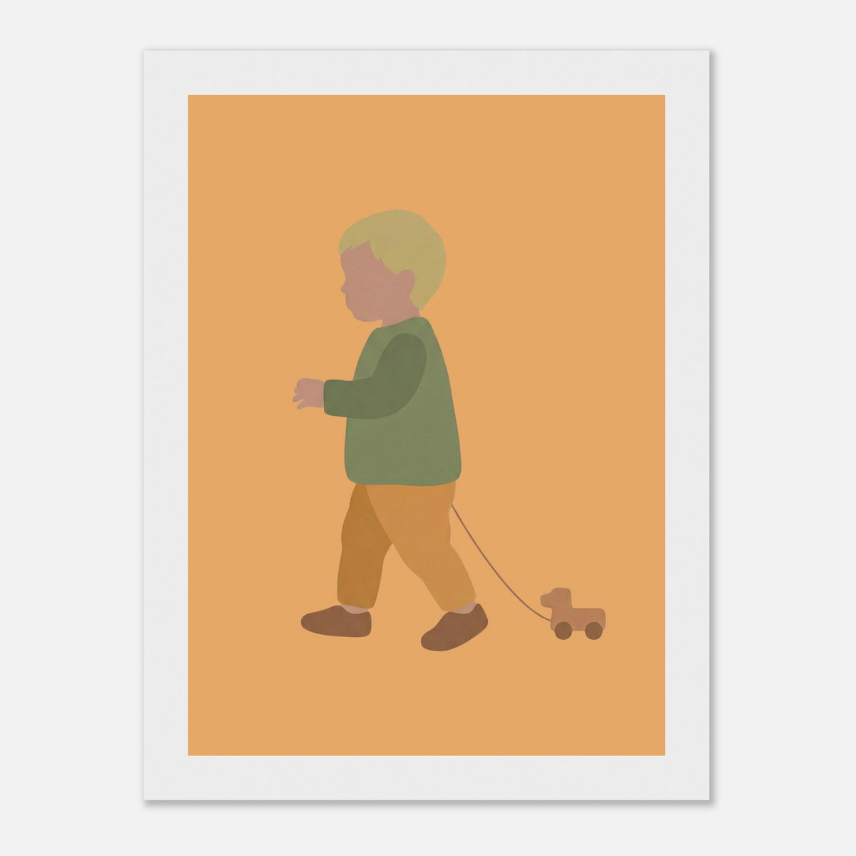 Kunstdruck „Der kleine Weggefährte“: kleiner Junge in Erd- und Olivgrüntönen, weißer Rahmen, 13x18 cm