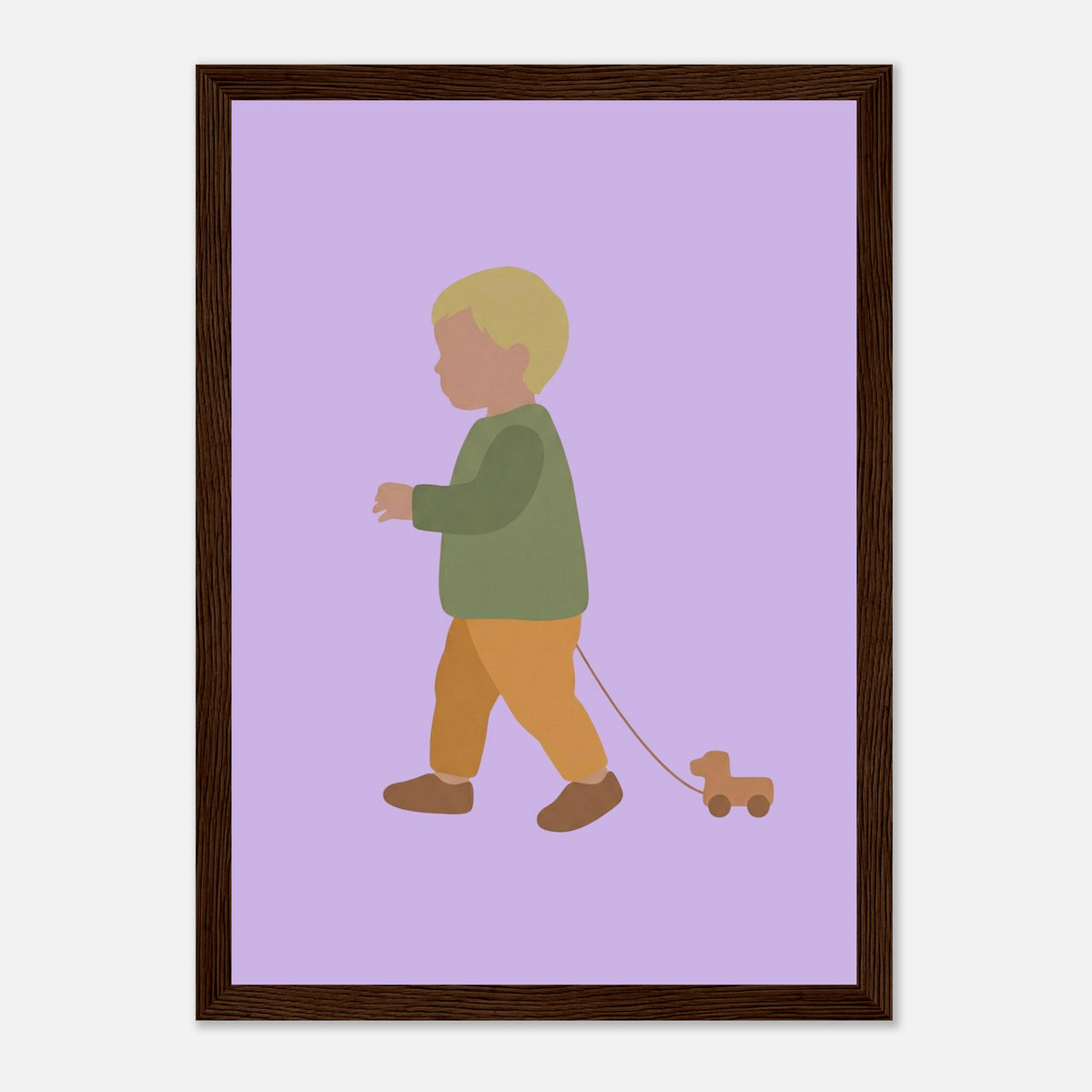 Kunstdruck „Der kleine Weggefährte“: kleiner Junge in Erd- und Olivgrüntönen, dunkler Holzrahmen, 21x29.7 cm