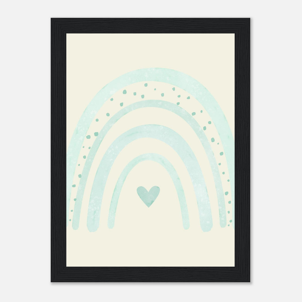 Minimalistischer Regenbogen-Kunstdruck in sanften Blautönen, schwarzer Rahmen, 13x18 cm