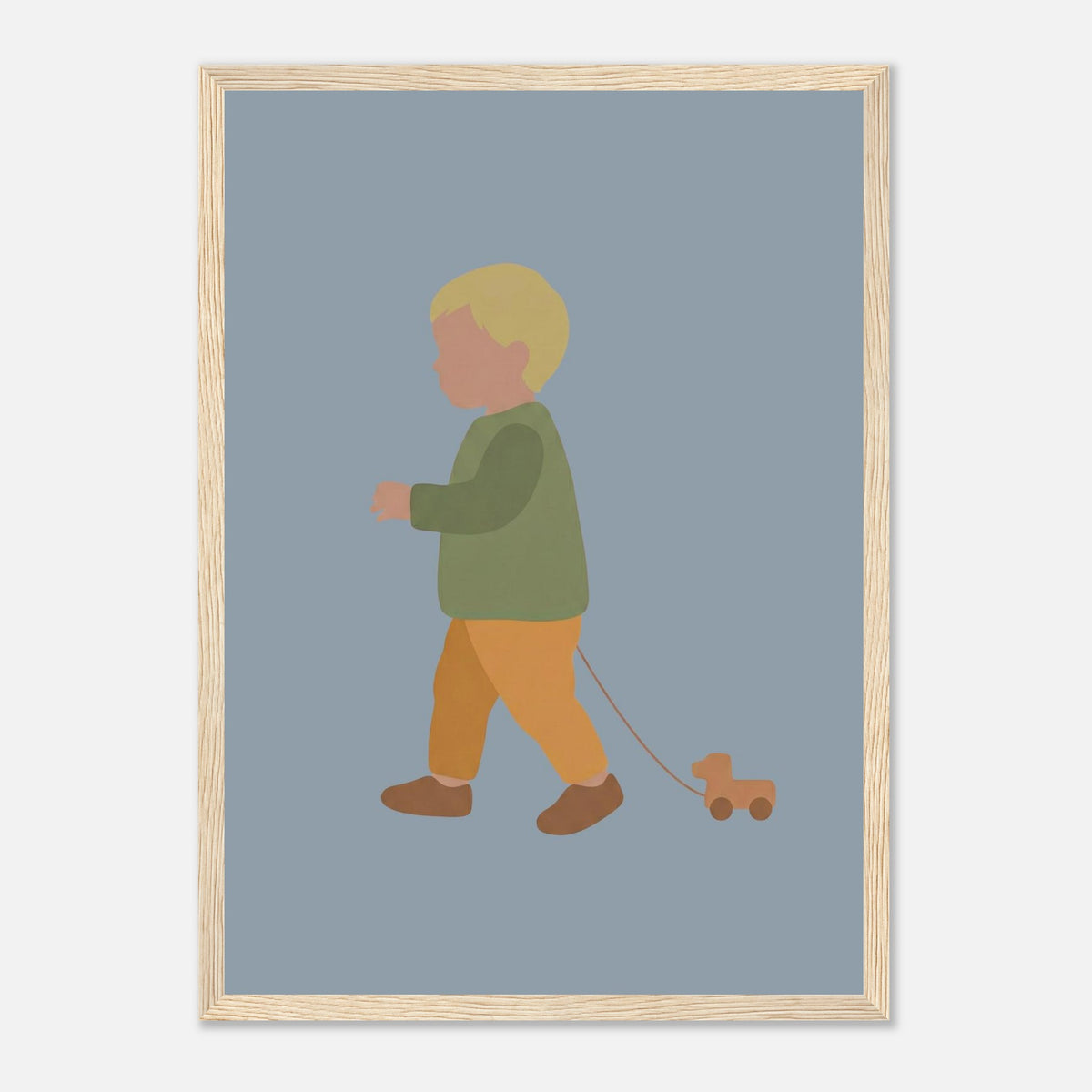 Kunstdruck „Der kleine Weggefährte“: kleiner Junge in Erd- und Olivgrüntönen, Holzrahmen, A3 (29.7 x 42 cm)
