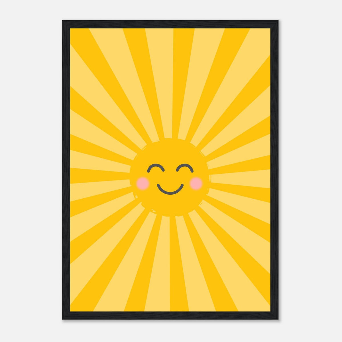 Kinderposter lachende Sonne mit Strahlenkranz in warmen Gelbtönen, schwarzer Rahmen, A3 (29.7 x 42 cm)