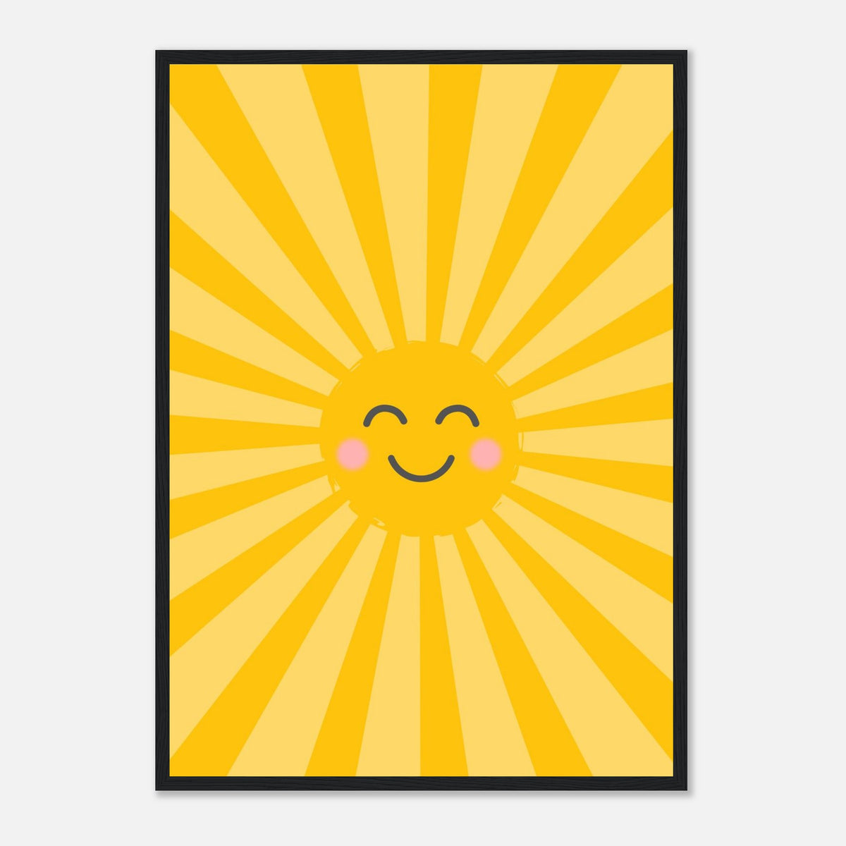 Kinderposter lachende Sonne mit Strahlenkranz in warmen Gelbtönen, schwarzer Rahmen, A2 (42 x 59.4 cm)