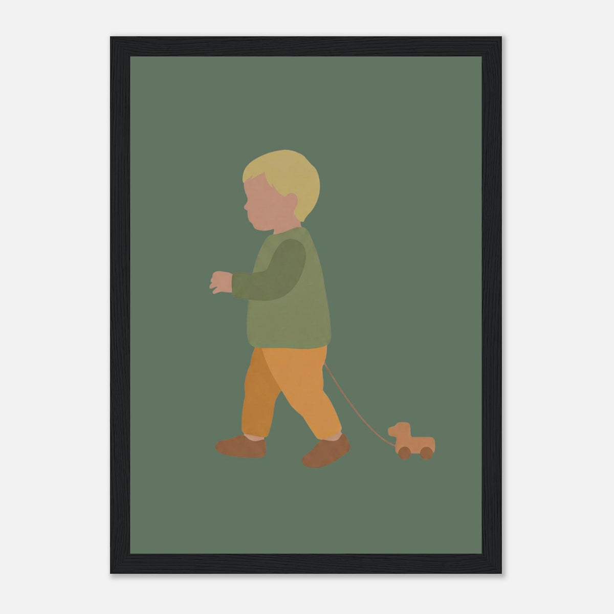 Kunstdruck „Der kleine Weggefährte“: kleiner Junge in Erd- und Olivgrüntönen, schwarzer Rahmen, 21x29.7 cm