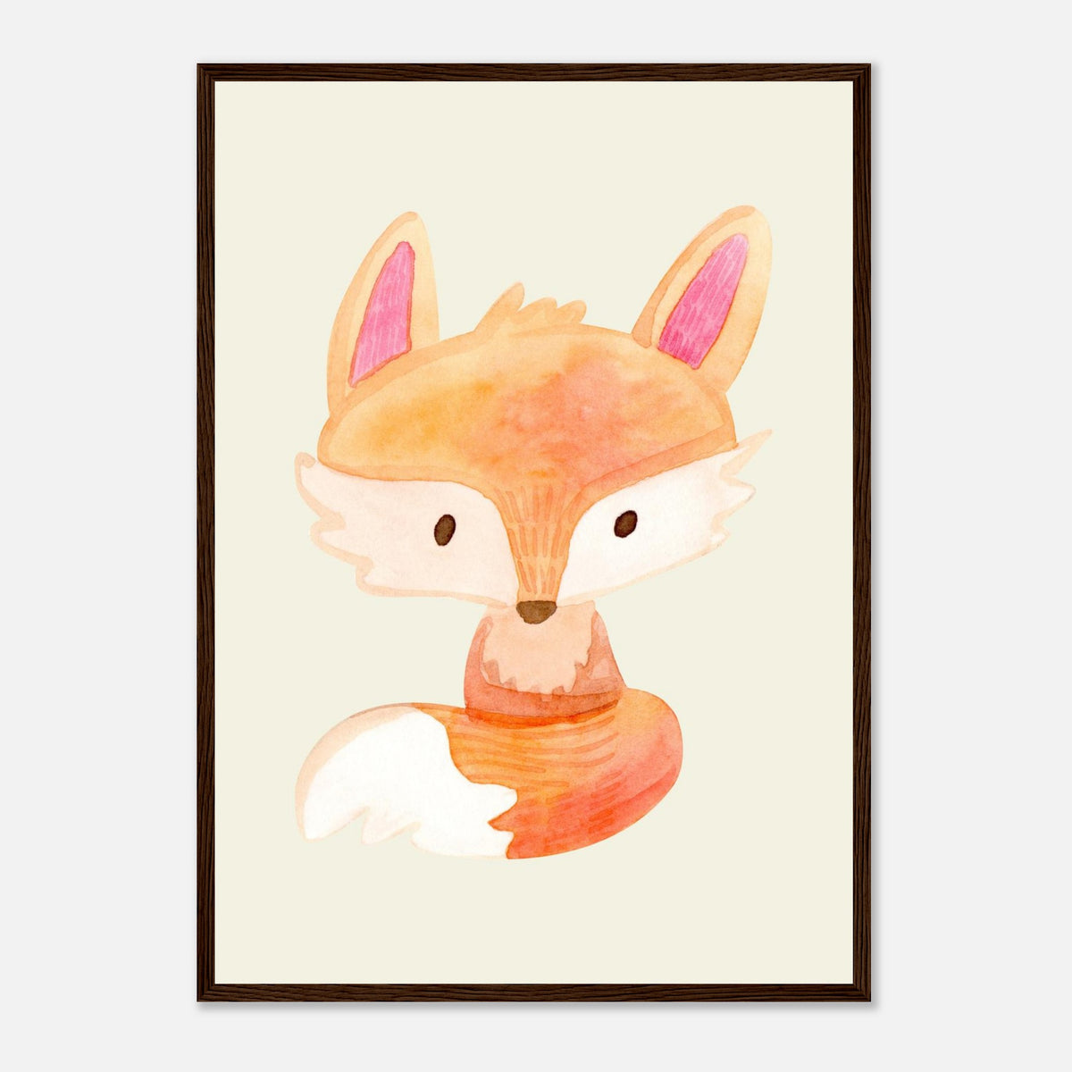 Aquarell-Fuchs in Orange und Pfirsich fürs Kinderzimmer, dunkler Holzrahmen, A2 (42 x 59.4 cm)