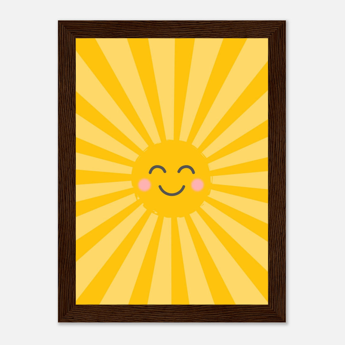 Kinderposter lachende Sonne mit Strahlenkranz in warmen Gelbtönen, dunkler Holzrahmen, 13x18 cm