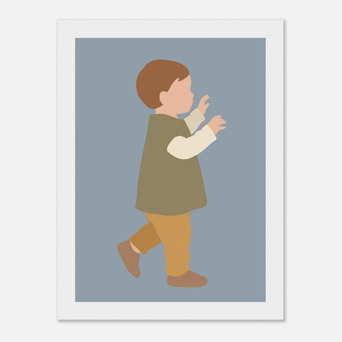 Kinderposter „Erste Schritte“: Kleinkind in Scandi-Erdtönen, weißer Rahmen, 13x18 cm
