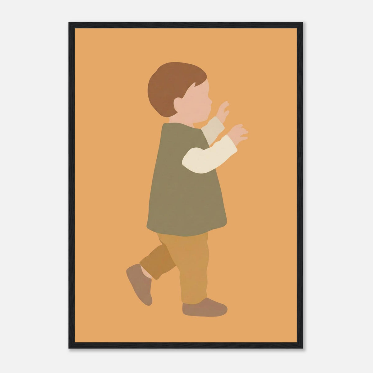 Kinderposter „Erste Schritte“: Kleinkind in Scandi-Erdtönen, schwarzer Rahmen, A2 (42 x 59.4 cm)