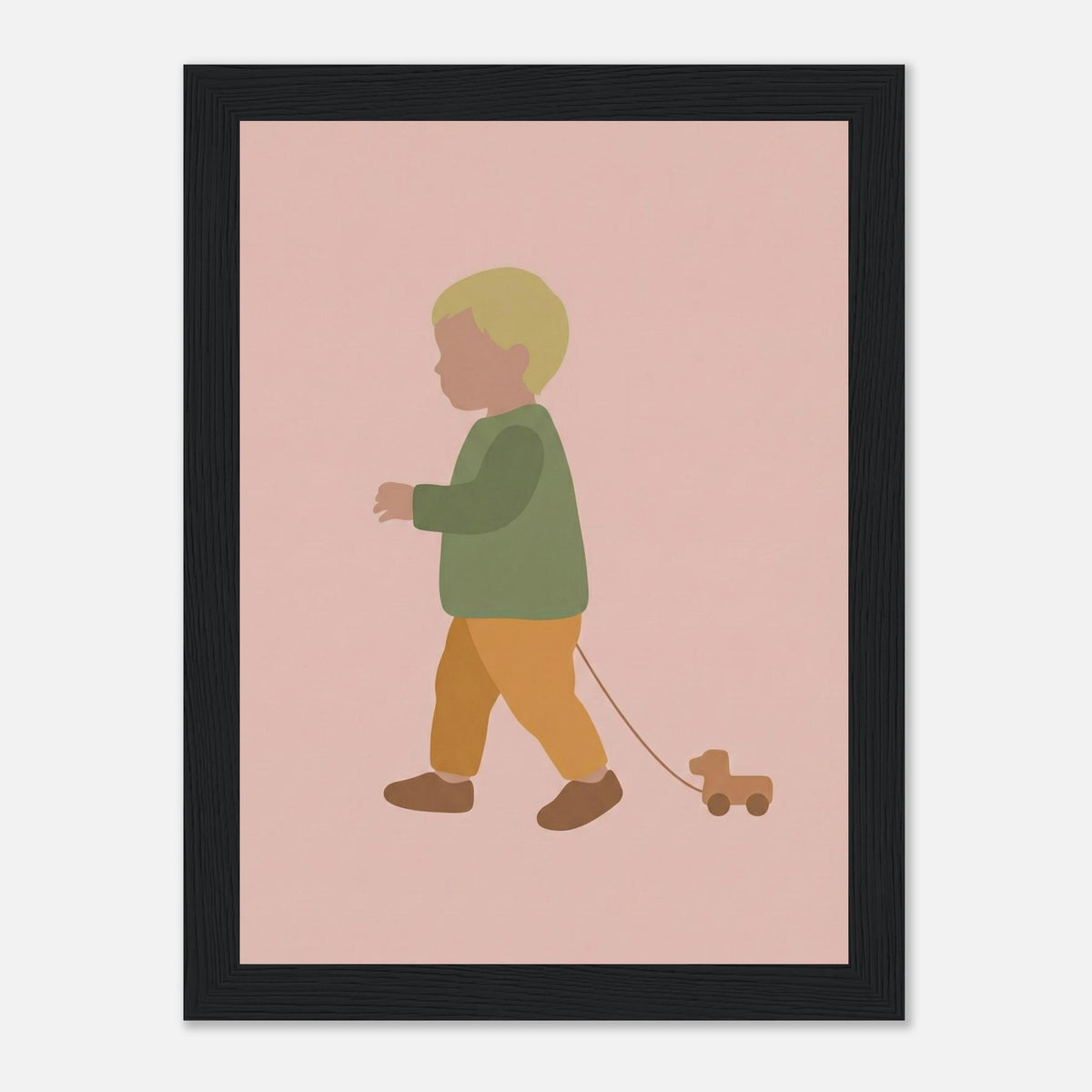 Kunstdruck „Der kleine Weggefährte“: kleiner Junge in Erd- und Olivgrüntönen, schwarzer Rahmen, 13x18 cm