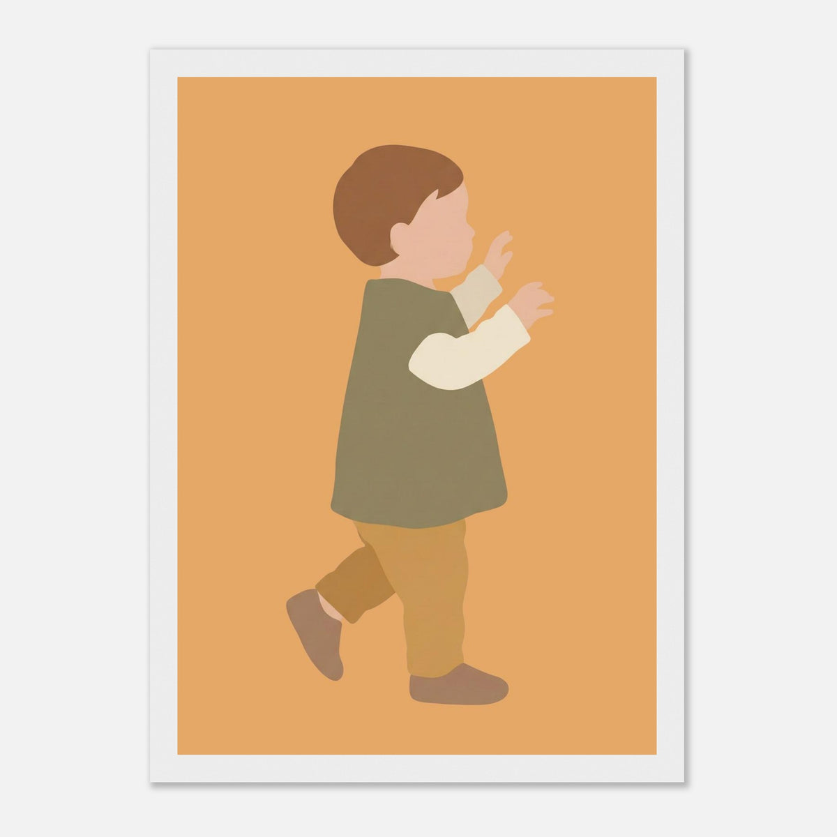 Kinderposter „Erste Schritte“: Kleinkind in Scandi-Erdtönen, weißer Rahmen, 21x29.7 cm