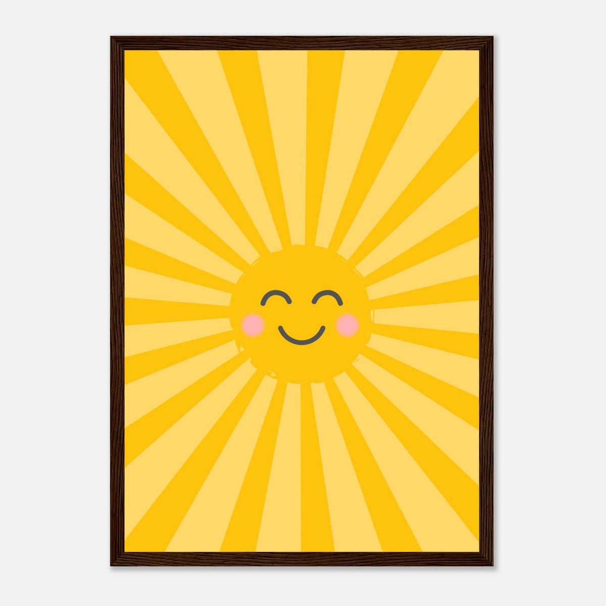 Kinderposter lachende Sonne mit Strahlenkranz in warmen Gelbtönen, dunkler Holzrahmen, A3 (29.7 x 42 cm)