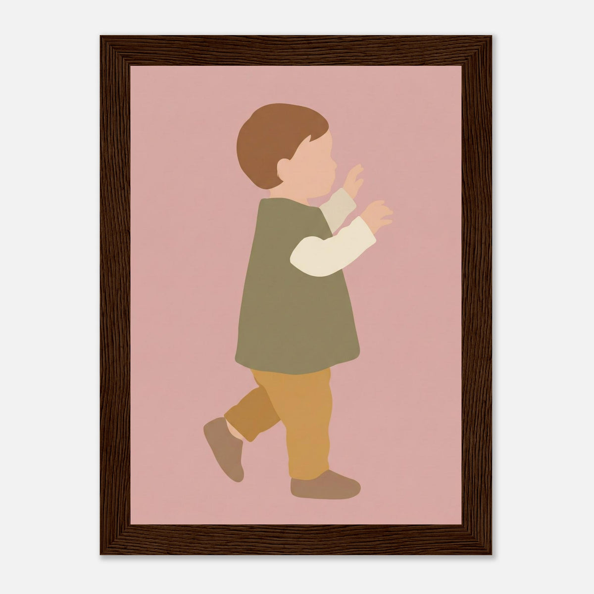 Kinderposter „Erste Schritte“: Kleinkind in Scandi-Erdtönen, dunkler Holzrahmen, 13x18 cm