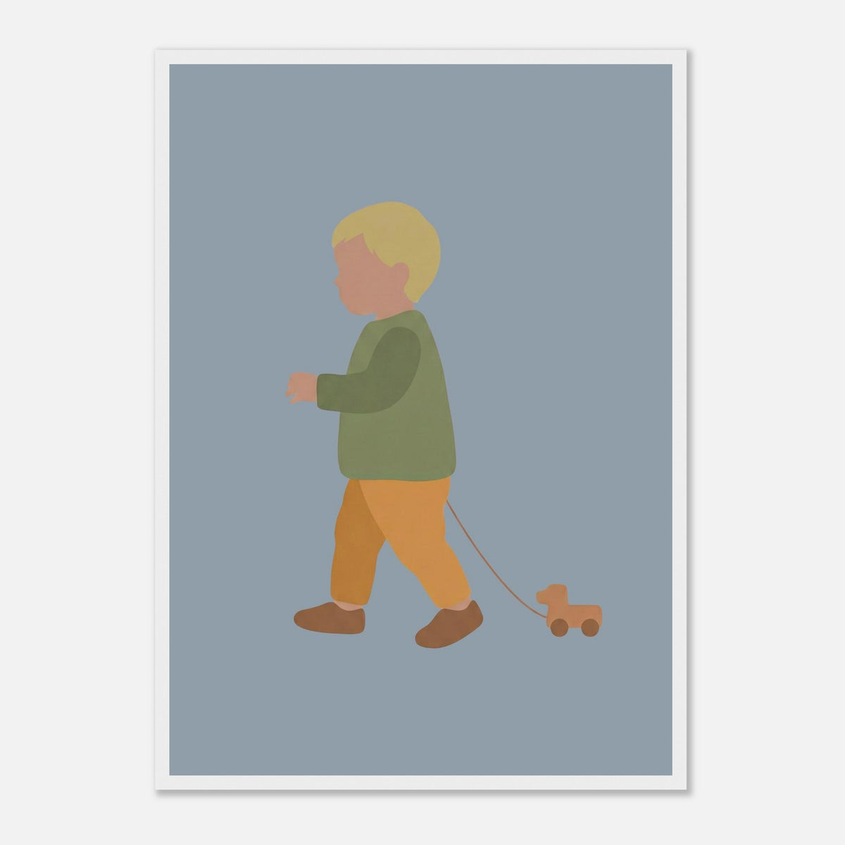 Kunstdruck „Der kleine Weggefährte“: kleiner Junge in Erd- und Olivgrüntönen, weißer Rahmen, A2 (42 x 59.4 cm)