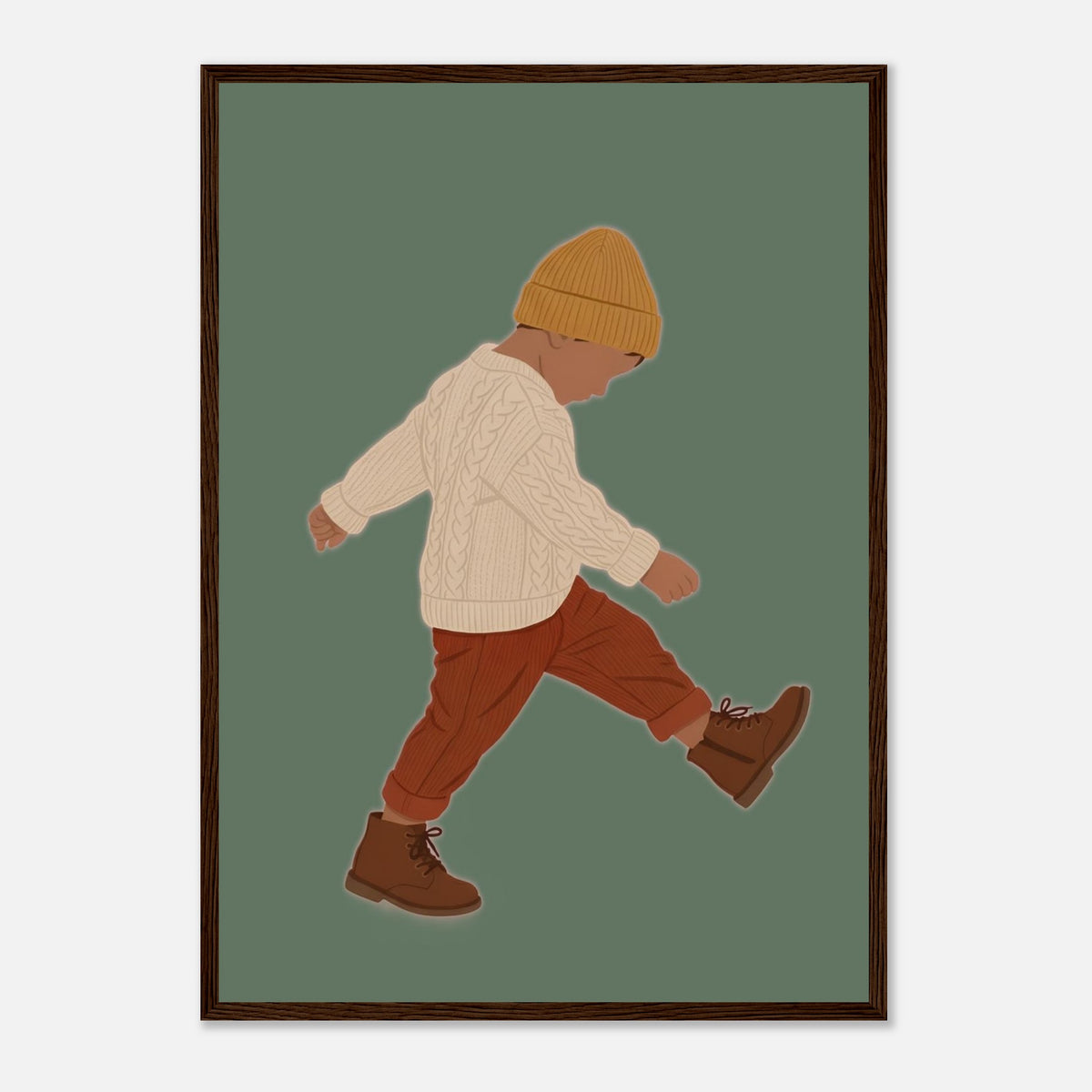 Boho-Kunstdruck „Der kleine Erkunder“: Kleinkind in Erdtönen, dunkler Holzrahmen, A2 (42 x 59.4 cm)