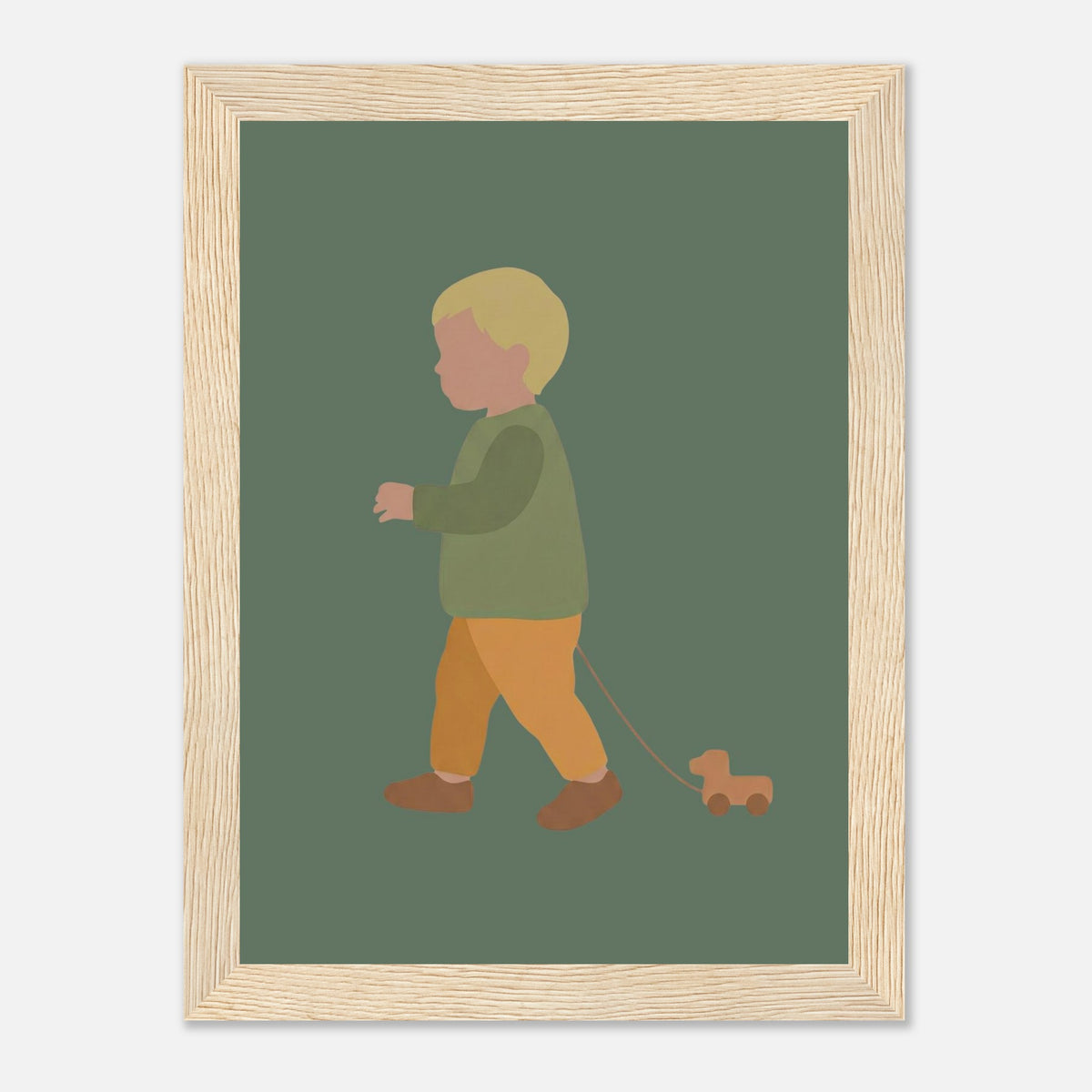 Kunstdruck „Der kleine Weggefährte“: kleiner Junge in Erd- und Olivgrüntönen, Holzrahmen, 13x18 cm