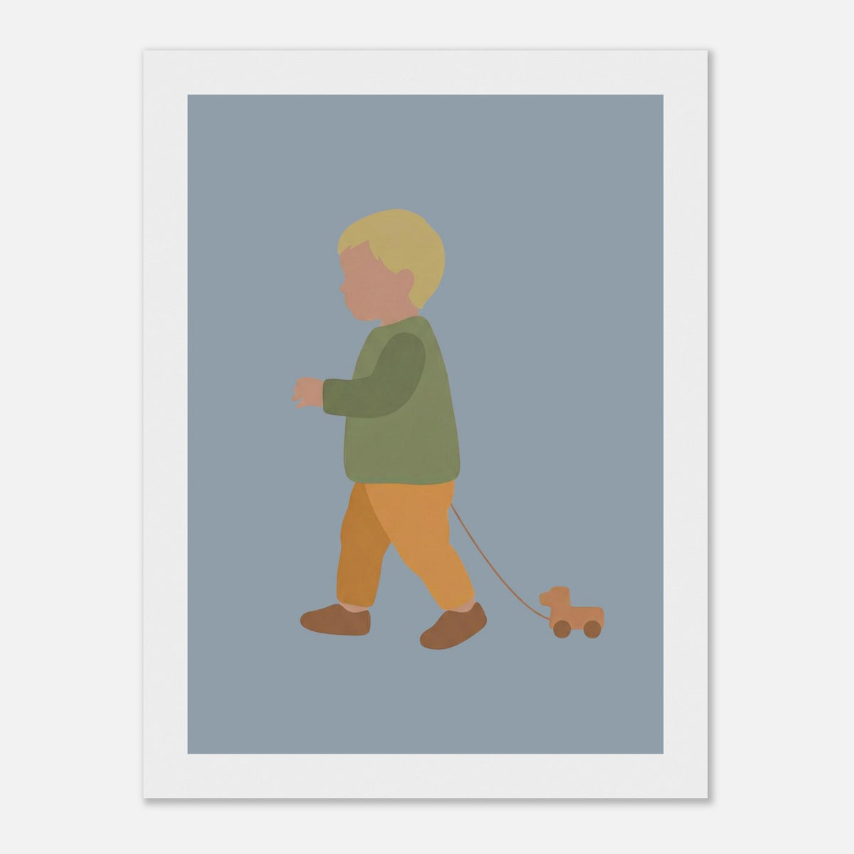 Kunstdruck „Der kleine Weggefährte“: kleiner Junge in Erd- und Olivgrüntönen, weißer Rahmen, 13x18 cm