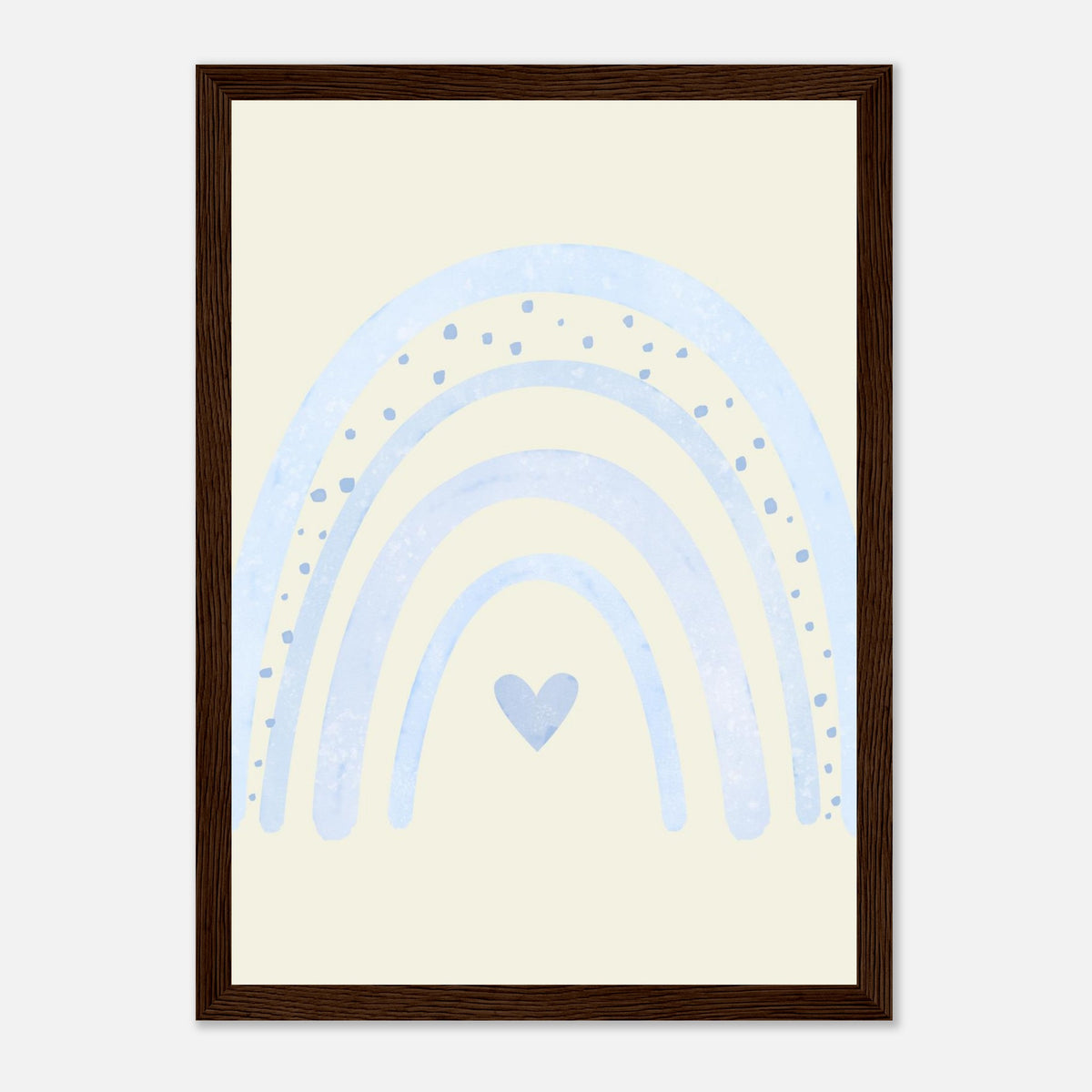 Minimalistischer Regenbogen-Kunstdruck in sanften Blautönen, dunkler Holzrahmen, 21x29.7 cm