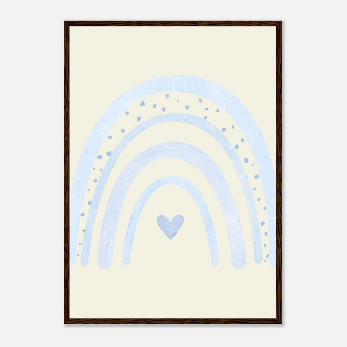 Minimalistischer Regenbogen-Kunstdruck in sanften Blautönen, dunkler Holzrahmen, A2 (42 x 59.4 cm)
