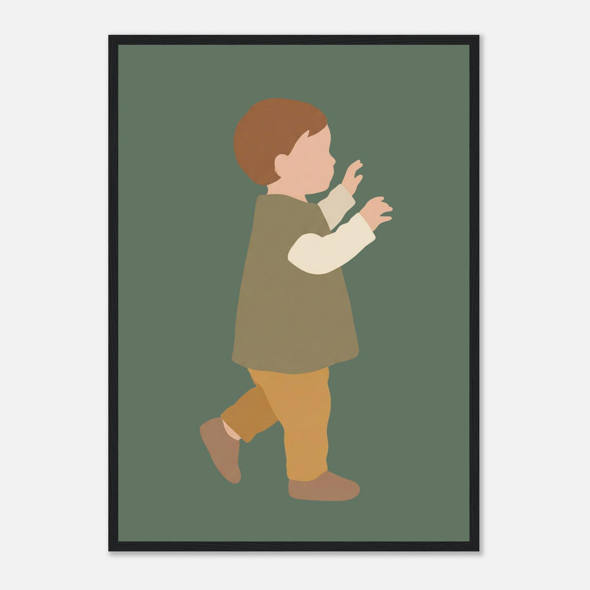Kinderposter „Erste Schritte“: Kleinkind in Scandi-Erdtönen, schwarzer Rahmen, A2 (42 x 59.4 cm)
