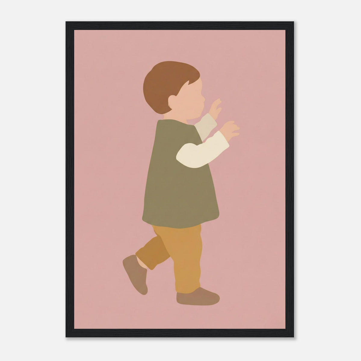 Kinderposter „Erste Schritte“: Kleinkind in Scandi-Erdtönen, schwarzer Rahmen, A3 (29.7 x 42 cm)
