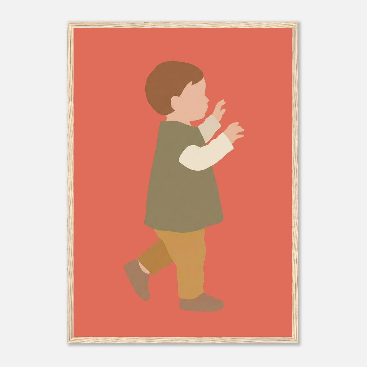 Kinderposter „Erste Schritte“: Kleinkind in Scandi-Erdtönen, Holzrahmen, A2 (42 x 59.4 cm)