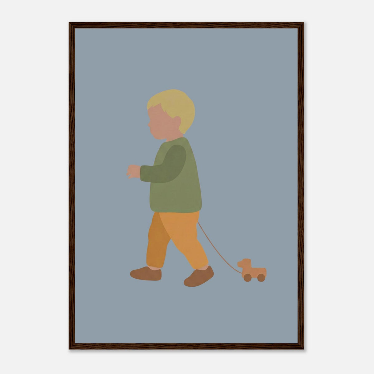 Kunstdruck „Der kleine Weggefährte“: kleiner Junge in Erd- und Olivgrüntönen, dunkler Holzrahmen, A2 (42 x 59.4 cm)