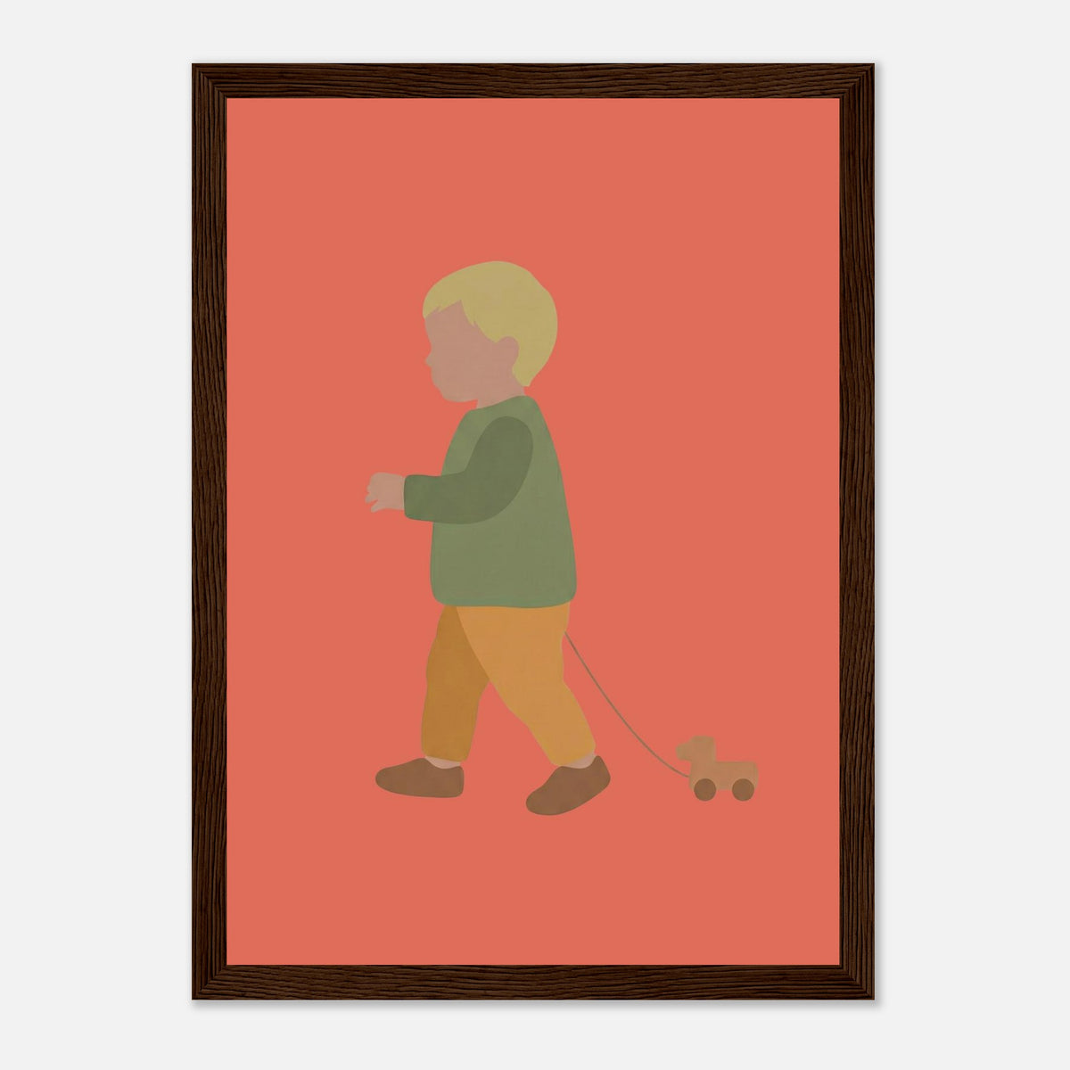 Kunstdruck „Der kleine Weggefährte“: kleiner Junge in Erd- und Olivgrüntönen, dunkler Holzrahmen, 21x29.7 cm