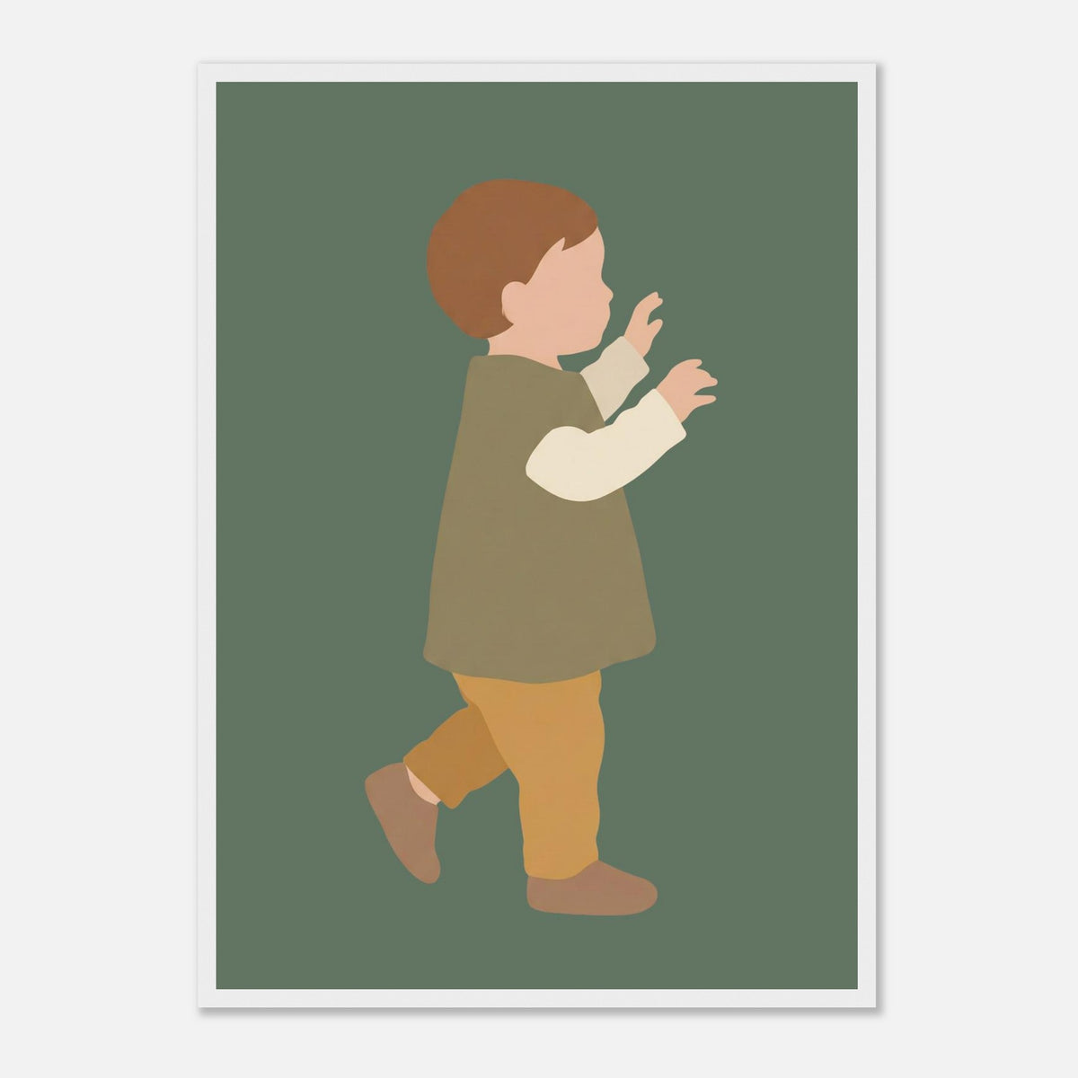 Kinderposter „Erste Schritte“: Kleinkind in Scandi-Erdtönen, weißer Rahmen, A2 (42 x 59.4 cm)