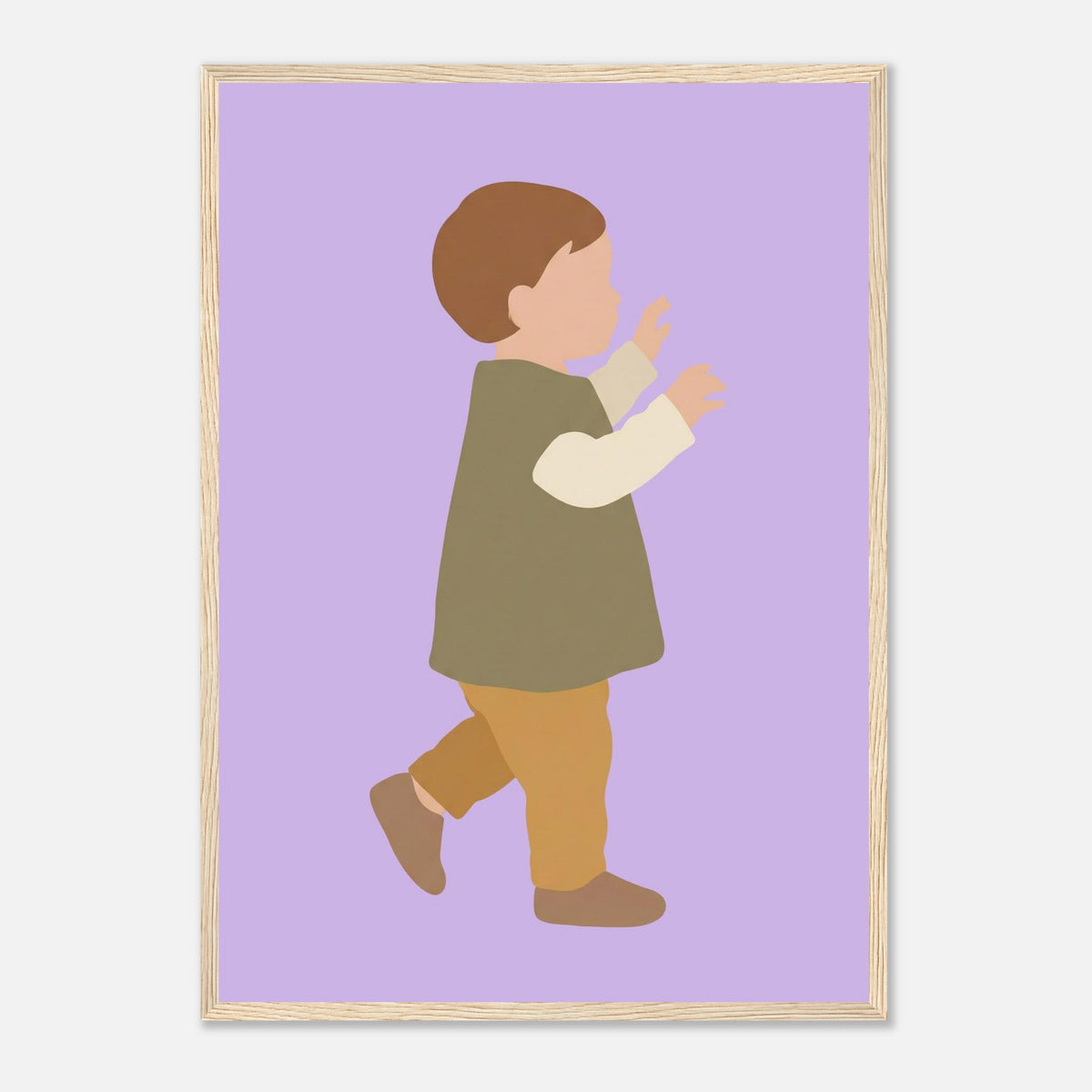Kinderposter „Erste Schritte“: Kleinkind in Scandi-Erdtönen, Holzrahmen, A2 (42 x 59.4 cm)