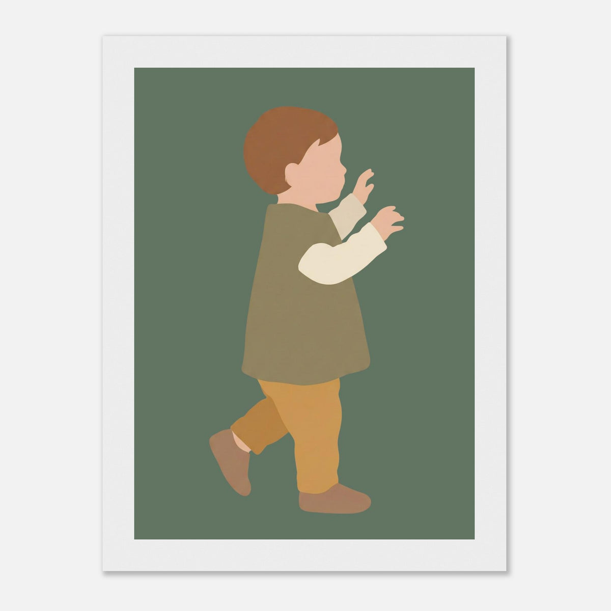 Kinderposter „Erste Schritte“: Kleinkind in Scandi-Erdtönen, weißer Rahmen, 13x18 cm