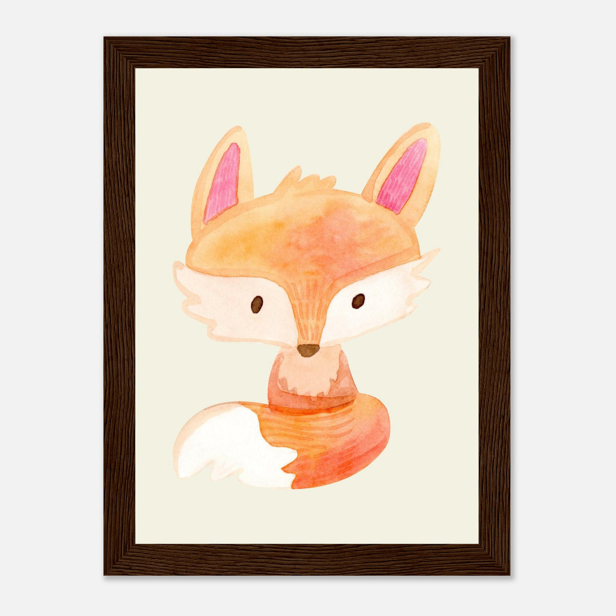 Aquarell-Fuchs in Orange und Pfirsich fürs Kinderzimmer, dunkler Holzrahmen, 13x18 cm