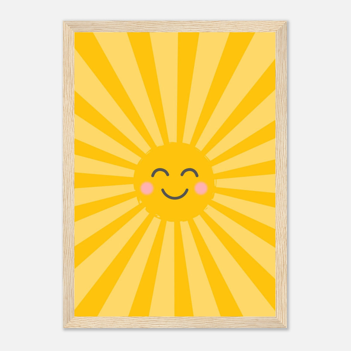 Kinderposter lachende Sonne mit Strahlenkranz in warmen Gelbtönen, Holzrahmen, 21x29.7 cm