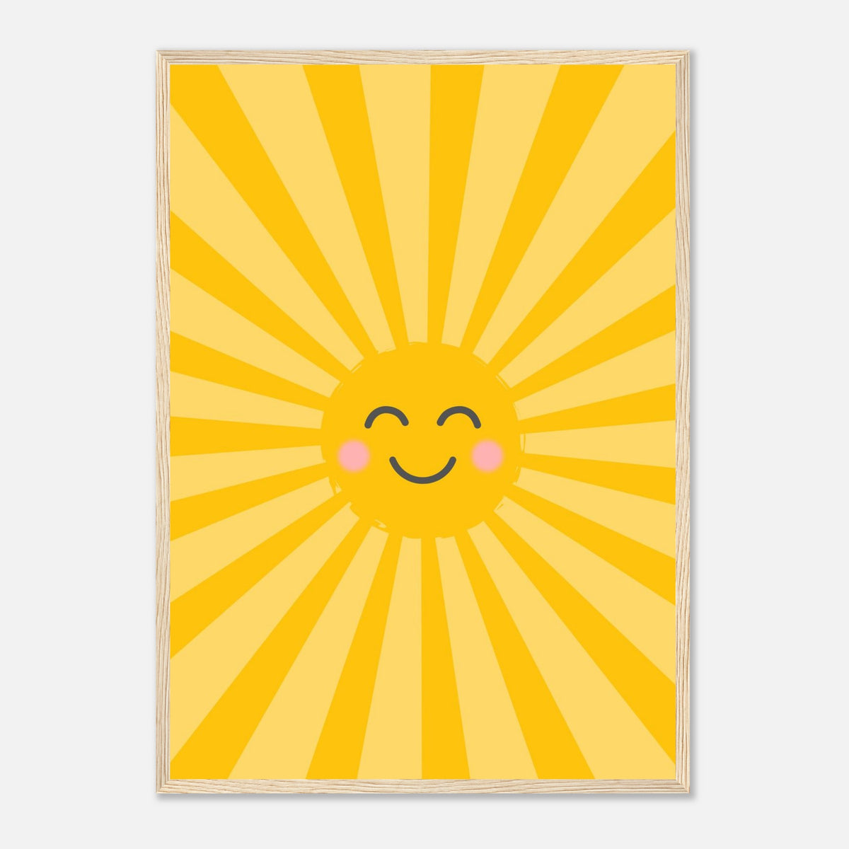 Kinderposter lachende Sonne mit Strahlenkranz in warmen Gelbtönen, Holzrahmen, A2 (42 x 59.4 cm)