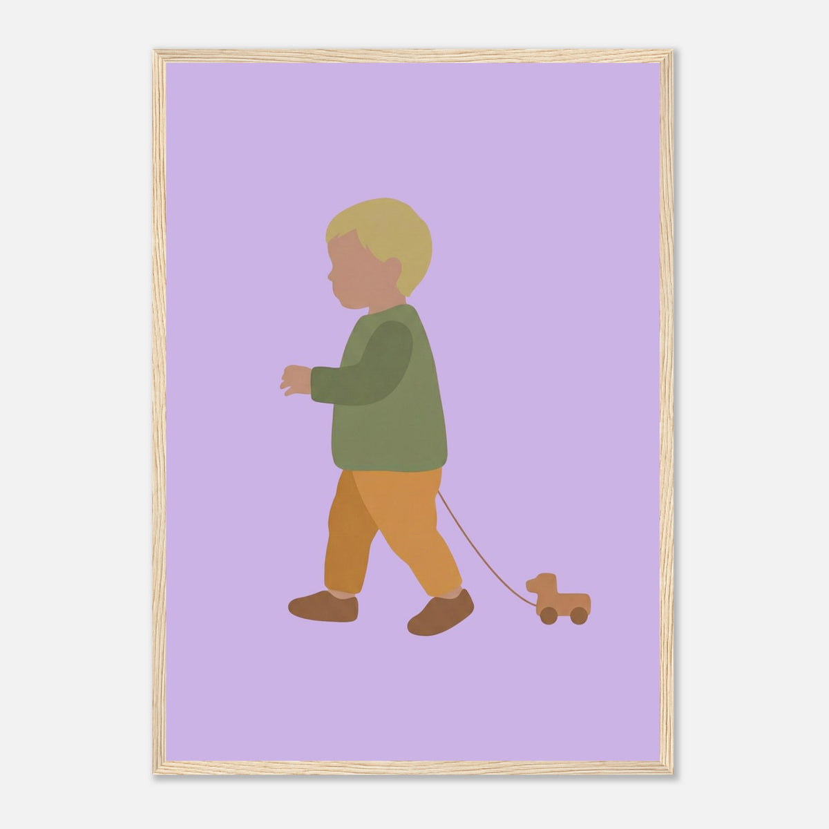 Kunstdruck „Der kleine Weggefährte“: kleiner Junge in Erd- und Olivgrüntönen, Holzrahmen, A2 (42 x 59.4 cm)