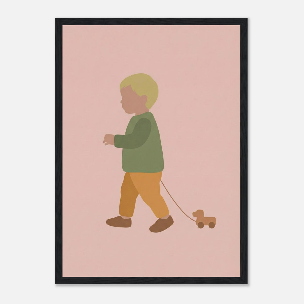Kunstdruck „Der kleine Weggefährte“: kleiner Junge in Erd- und Olivgrüntönen, schwarzer Rahmen, A3 (29.7 x 42 cm)