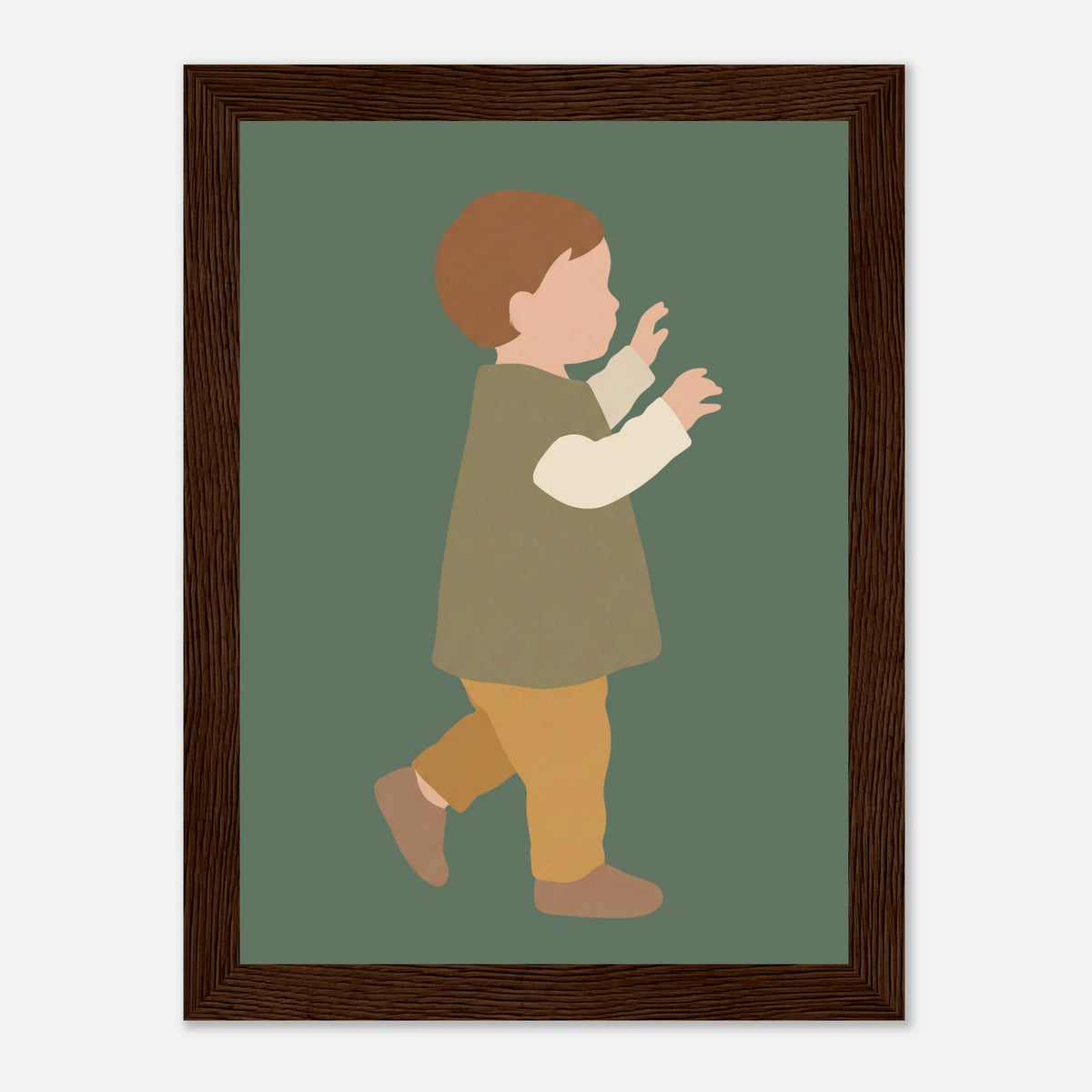 Kinderposter „Erste Schritte“: Kleinkind in Scandi-Erdtönen, dunkler Holzrahmen, 13x18 cm