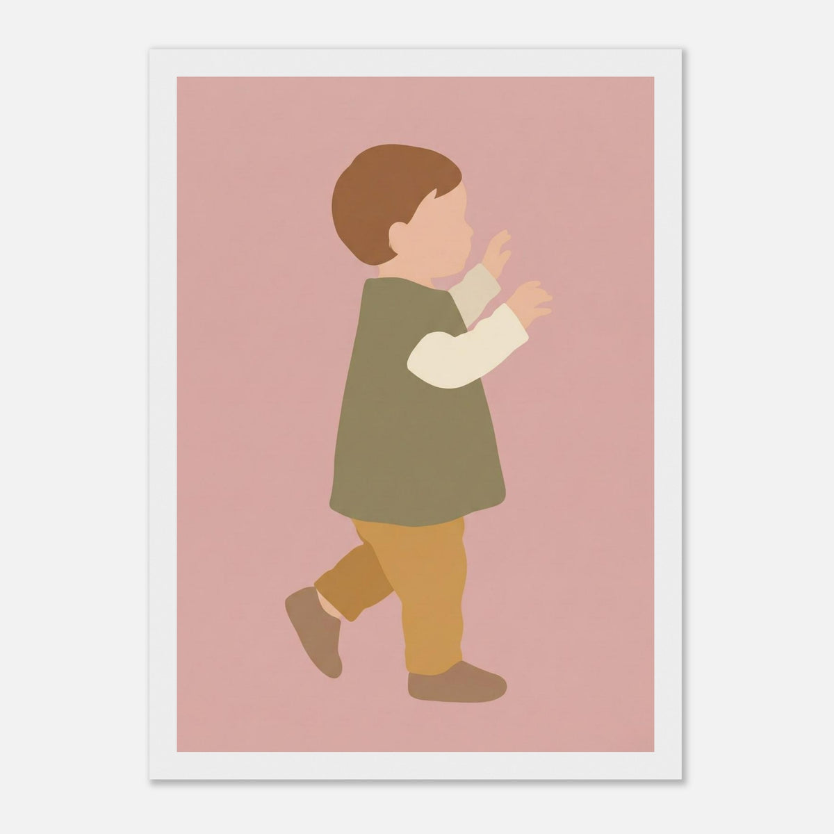 Kinderposter „Erste Schritte“: Kleinkind in Scandi-Erdtönen, weißer Rahmen, 21x29.7 cm