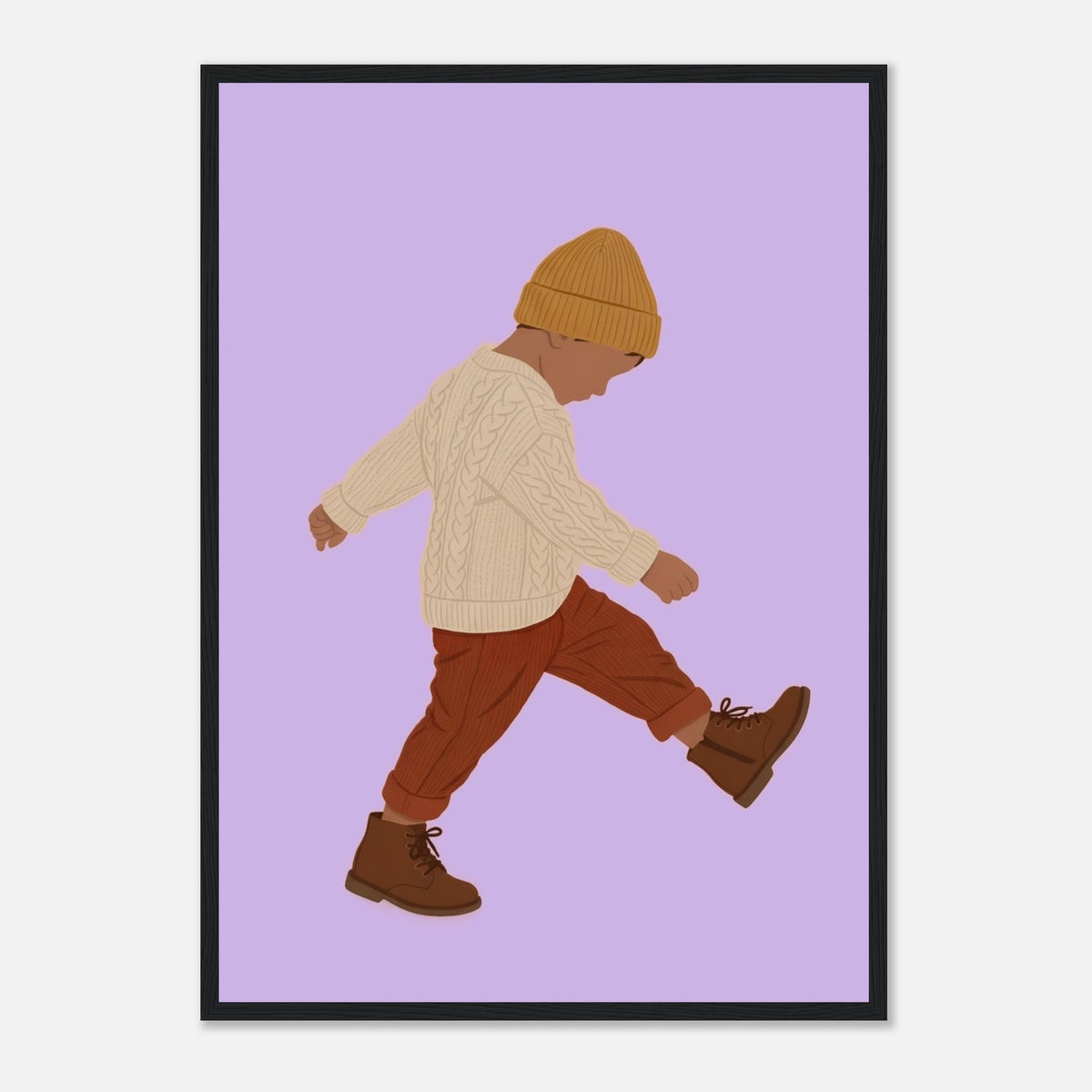 Boho-Kunstdruck „Der kleine Erkunder“: Kleinkind in Erdtönen, schwarzer Rahmen, A2 (42 x 59.4 cm)
